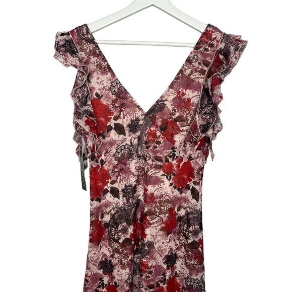 Almost Famous Womens M Pink Red Floral Ruffle V Neck Cottagecore Dress - Picture 2 of 16